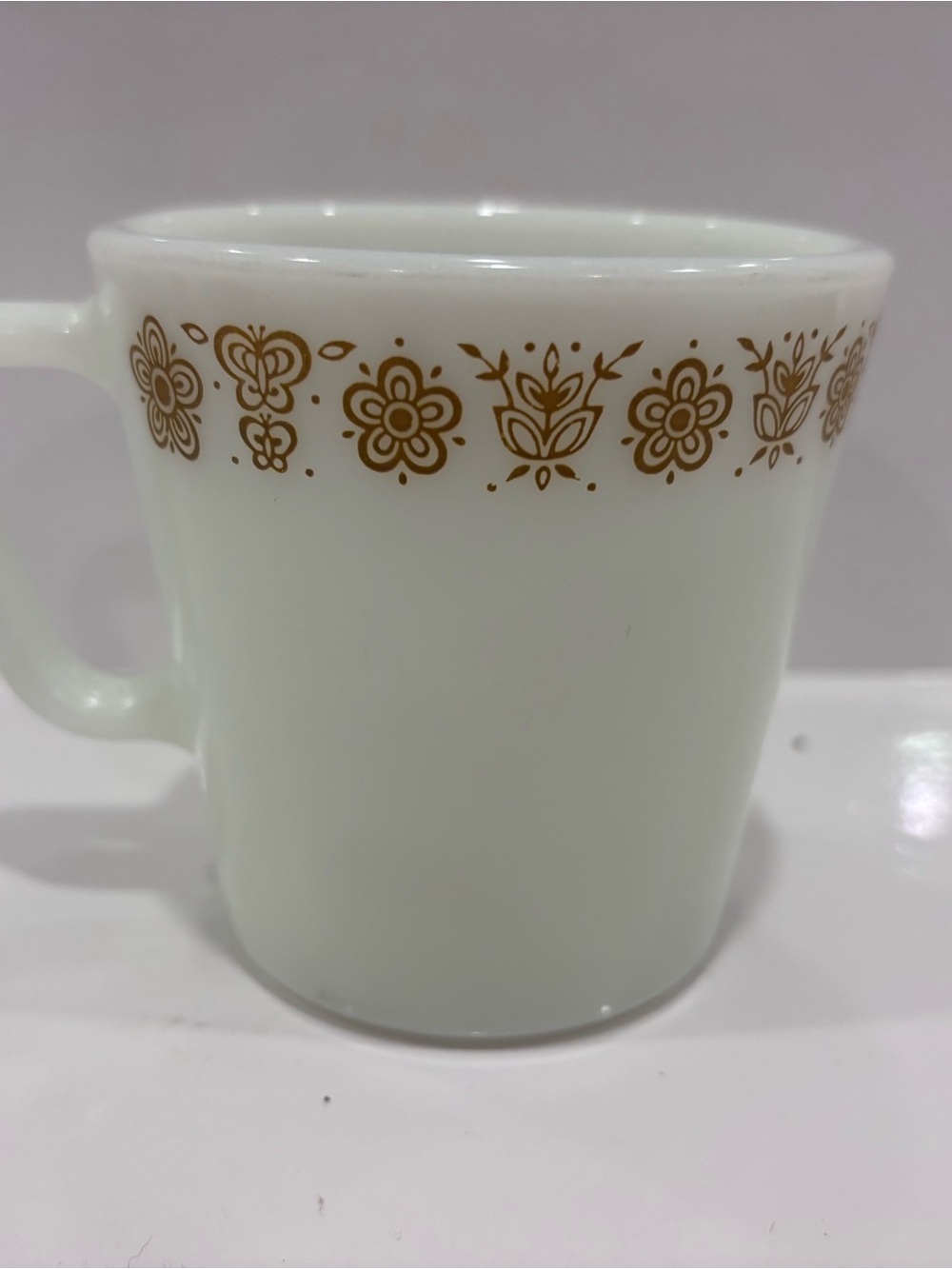 Vintage Pyrex Milk Glass Coffee Mug Brown Floral Folk Art Border Made in USA